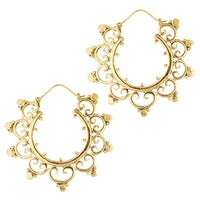 Load image into Gallery viewer, Ohrringe Spiralbögen Kreise Punkte 50mm Messing Brass antik golden Tribal nickelfrei Piercing
