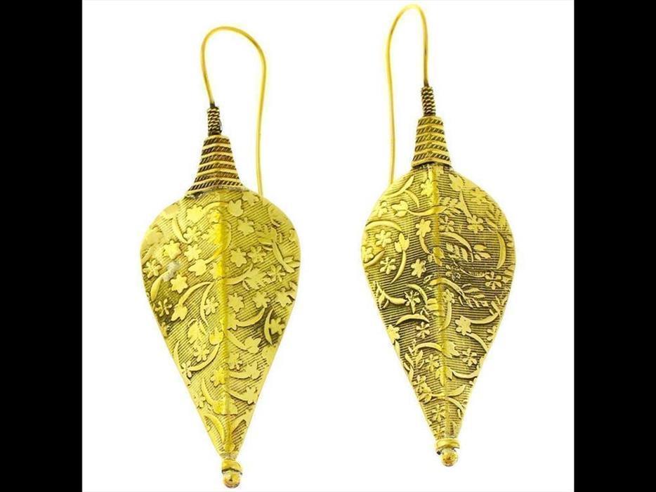 Ohrringe Pfeilspitze 6 cm schraffiert Blüten Messing antik golden Tribal Ohrhänger nickelfrei Brass
