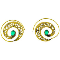 Load image into Gallery viewer, Spiralen Ohrringe breit gestanzt Jade oval Messing antik golden nickelfrei Piercing Tribal Schmuck
