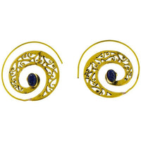 Load image into Gallery viewer, Spiralen Ohrringe breit gestanzt Lapis oval Messing antik golden nickelfrei Piercing Tribal Brass
