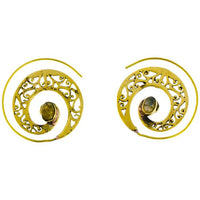 Load image into Gallery viewer, Spiralen Ohrringe breit gestanzt Labradorit oval Messing antik golden nickelfrei Piercing Tribal
