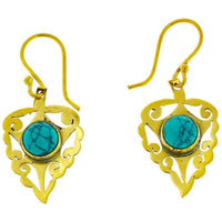 Load image into Gallery viewer, Ohrringe Blatt Türkis glänzend spiralig Messing antik golden Tribal Ohrhänger nickelfrei Brass
