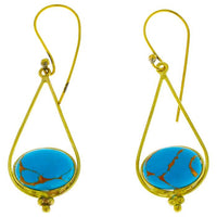Load image into Gallery viewer, Ohrringe Türkis oval Tropfen Dreieck Punkte Messing antik golden Damen Ohrhänger nickelfrei Tribal
