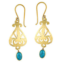 Load image into Gallery viewer, Ohrringe Knospe Muster Türkis oval glänzend Messing antik golden Tribal Ohrhänger nickelfrei Vintage
