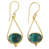 Cargar imagen en el visor de la galería, Ohrringe Malachit oval Tropfen Dreieck Punkte Messing antik golden Ohrhänger nickelfrei Tribal
