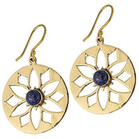 Cargar imagen en el visor de la galería, Ohrringe Blume Lapis glänzend Messing Brass antik golden Ohrhänger nickelfrei Tribal
