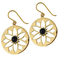 Cargar imagen en el visor de la galería, Ohrringe Blume Onyx glänzend Messing Brass antik golden Ohrhänger nickelfrei Tribal
