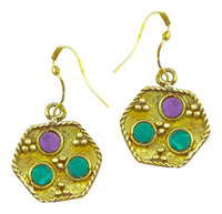 Cargar imagen en el visor de la galería, Ohrringe Wabe Steine rund lila grün Ohrhänger Messing antik golden nickelfrei Tribal Brass
