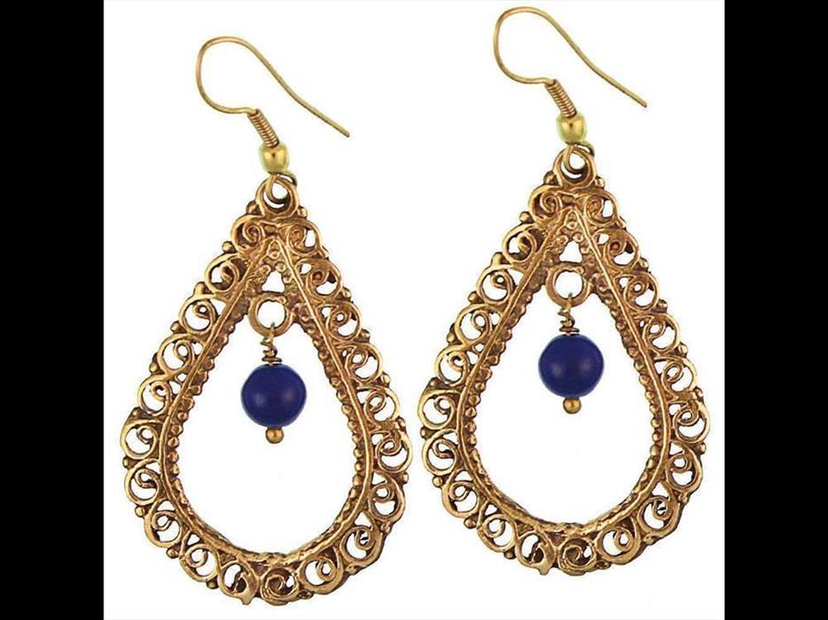 Ohrringe Lapis Lazuli Kugel Tropfen Schnörkel Messing antik golden nickelfrei Ohrhänger Tribal Brass