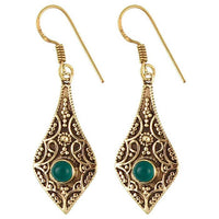 Cargar imagen en el visor de la galería, Ohrringe Tropfen spitz Bögen Onyx grün Messing antik golden nickelfrei Ohrhänger Tribal Brass
