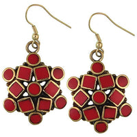 Cargar imagen en el visor de la galería, Ohrringe Blume Kreise Quadrate Jaspis Messing antik golden nickelfrei Tribal Ohrhänger
