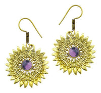 Cargar imagen en el visor de la galería, Ohrringe Amethyst Stein Zopf Blätter Punkte Dreiecke Messing Ohrhänger lila nickelfrei antik Tribal

