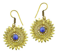 Cargar imagen en el visor de la galería, Ohrringe Lapis Stein Zopf Blätter Punkte Dreiecke Messing Ohrhänger blau nickelfrei antik Tribal
