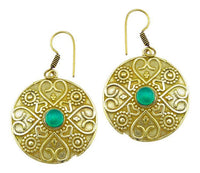 Cargar imagen en el visor de la galería, Ohrringe grüner Onyx Stein Herz Kreis Dreiecke Messing Ohrhänger nickelfrei antik golden Tribal
