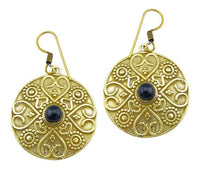 Cargar imagen en el visor de la galería, Ohrringe Onyx Stein Herz Kreis Dreiecke Messing Ohrhänger braun nickelfrei antik golden Tribal Brass
