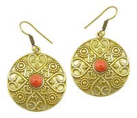 Cargar imagen en el visor de la galería, Ohrringe Sandstein Herz Kreis Dreiecke Messing Ohrhänger orange nickelfrei antik golden Tribal Brass
