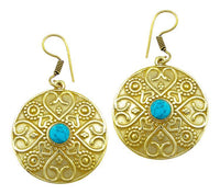 Cargar imagen en el visor de la galería, Ohrringe Türkis Herz Kreis Dreiecke Messing Ohrhänger golden nickelfrei antik Damenohrring Tribal
