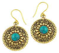Cargar imagen en el visor de la galería, Ohrringe Türkis Kreise rund Spiralbögen Messing antik golden Tribal 22 mm
