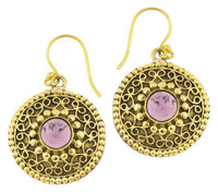 Cargar imagen en el visor de la galería, Ohrringe Amethyst Kreise rund Spiralbögen Messing antik golden Tribal 22 mm
