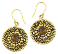 Cargar imagen en el visor de la galería, Ohrringe Tigerauge Kreise rund Spiralbögen Messing antik golden Tribal 22 mm
