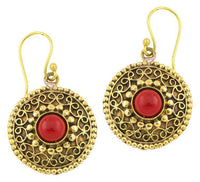 Cargar imagen en el visor de la galería, Ohrringe Jaspis Kreise rund Spiralbögen Messing antik golden Tribal 22 mm

