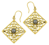 Cargar imagen en el visor de la galería, Ohrringe Labradorit Karo Ornamente glänzend Messing antik golden Tribal 40 mm
