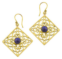 Cargar imagen en el visor de la galería, Ohrringe Lapis Karo Ornamente glänzend Messing antik golden Tribal 40 mm
