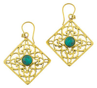 Cargar imagen en el visor de la galería, Ohrringe Türkis Karo Ornamente glänzend Messing antik golden Tribal 40 mm
