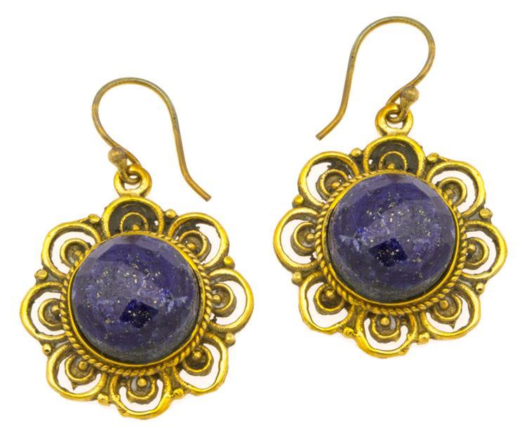 Ohrringe Lapis facettiert Blume Bögen Messing antik golden Tribal 25 mm