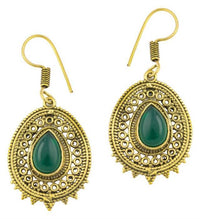 Cargar imagen en el visor de la galería, Ohrringe Onyx grün Tropfen oval Zacken Kreise Messing antik golden Tribal
