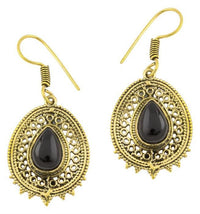Cargar imagen en el visor de la galería, Ohrringe Onyx Tropfen oval Zacken Kreise Messing antik golden Tribal
