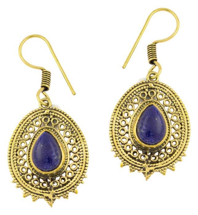 Ohrringe Lapis Tropfen oval Zacken Kreise Messing antik golden Tribal