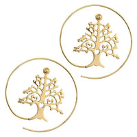 Load image into Gallery viewer, Spiralen Ohrringe antik golden Messing mit breit gestanztem Baum des Lebens
