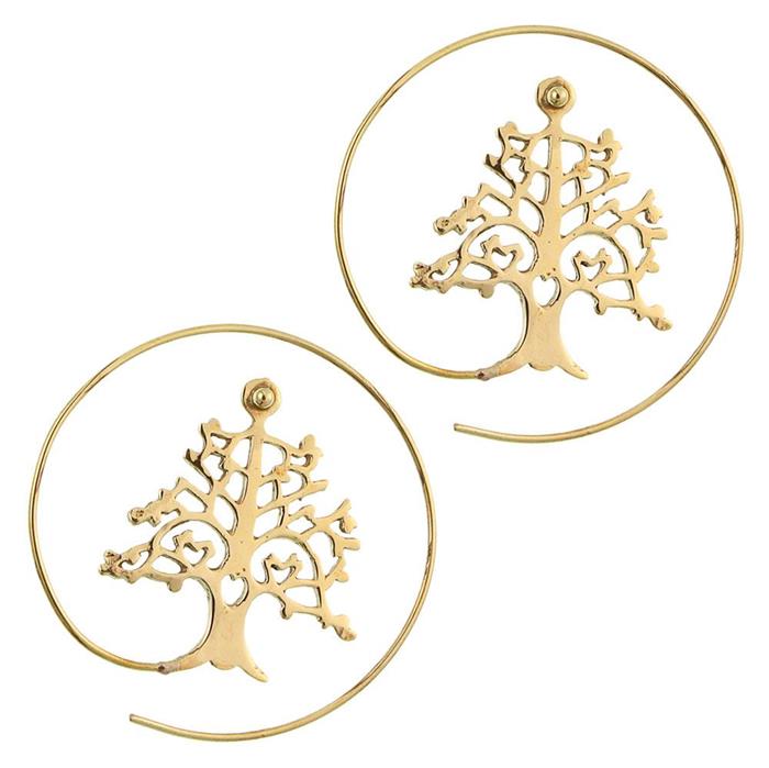 Spiralen Ohrringe antik golden Messing mit breit gestanztem Baum des Lebens