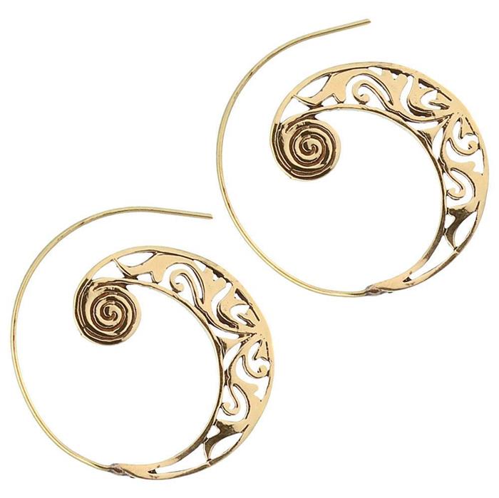 Spiralen Ohrringe antik golden Messing mit breit gestanztem Tribal Muster Spirale