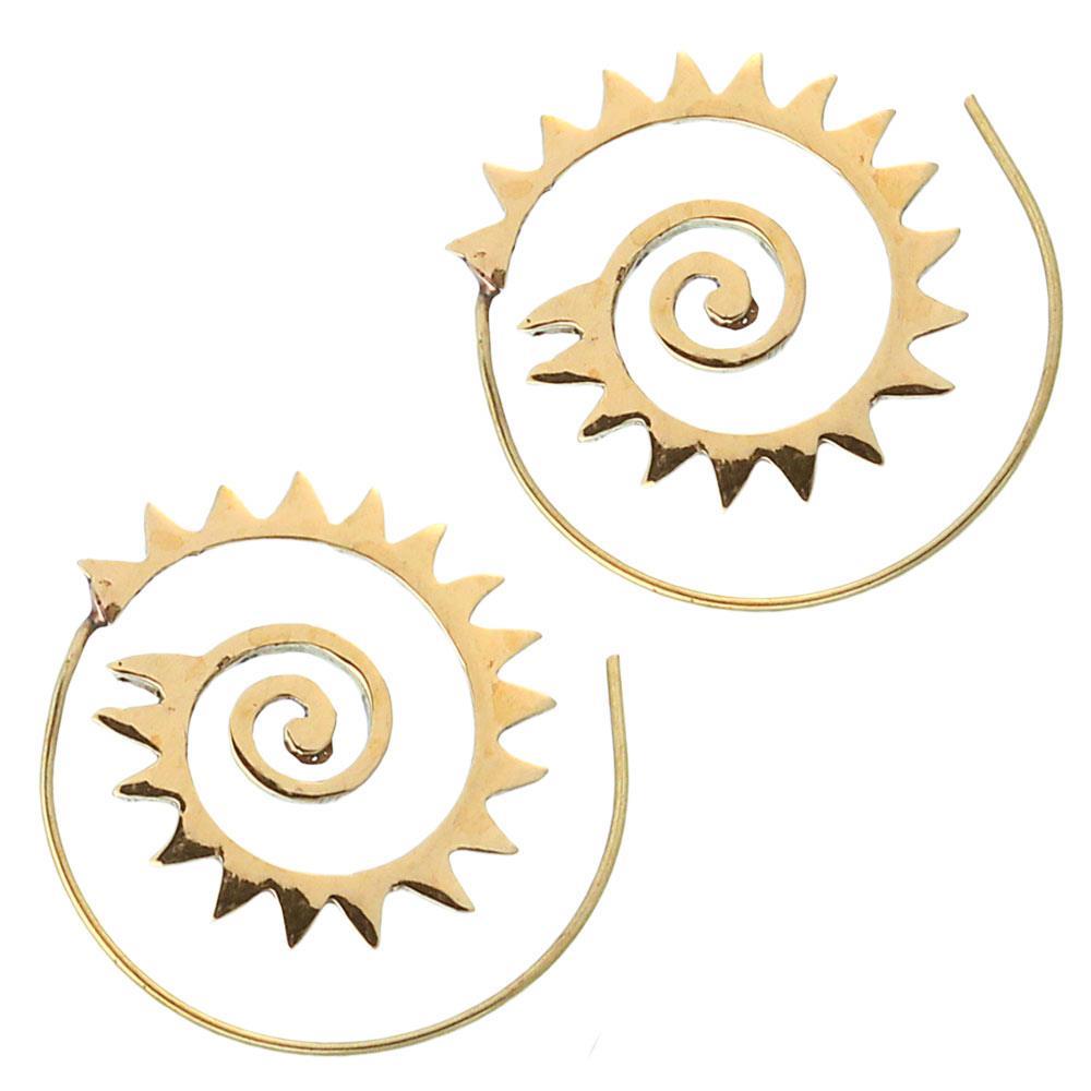 Spiralen Ohrringe antik golden Messing mit breit gestanztem Zacken Muster Tribal
