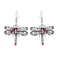 Cargar imagen en el visor de la galería, Brass bunt silbern Ohrringe Libelle plastisch Steine bunt facettiert
