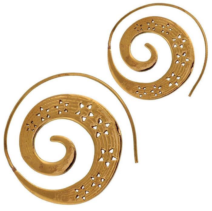 Spiralen Ohrringe breit Rillen Sterne Brass gestanzt antik golden Tribal Piercing