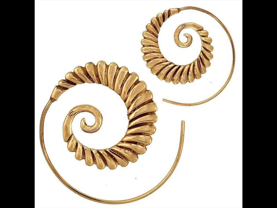Spiralen Ohrringe breit Tropfen Segmente Brass antik golden Tribal Piercing