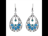 Cargar imagen en el visor de la galería, Brass Ohrringe antik silberfarben Tropfen Schnörkel türkis blau Kreise
