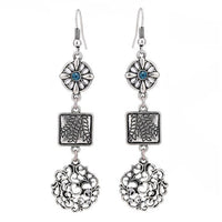 Cargar imagen en el visor de la galería, Brass Ohrringe silberfarben antik Kreis Quadrat Schnärkel Anhänger Stein türkis
