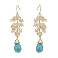 Load image into Gallery viewer, Brass Ohrringe kleine Blätter golden Türkisfarbener Stein Anhänger
