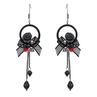 Cargar imagen en el visor de la galería, Brass Ohrringe silberfarben Kreis Stoff schwarz Blume Perlen Anhänger
