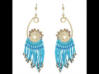 Cargar imagen en el visor de la galería, Brass Ohrringe goldfarben ethno Boho lange Fäden Spirale blau Bügelverschluss
