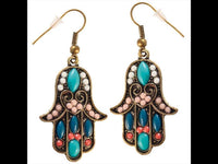 Cargar imagen en el visor de la galería, Brass golden Hamsa Khamsa Ohrringe schmal Herz weiß rosa blau Töne Steine
