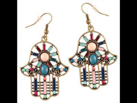 Cargar imagen en el visor de la galería, Brass golden Khamsa Ohrringe Sonne Emaille Streifen Steine bunt rosa türkis
