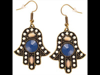 Cargar imagen en el visor de la galería, Brass golden Hamsa Khamsa Ohrringe blau weiß rosa Steine facettiert 30x35 mm
