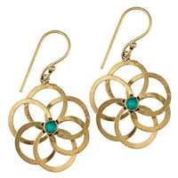 Load image into Gallery viewer, Ohrringe Blume glänzend spiralig Türkis Messing antik golden Tribal Ohrhänger nickelfrei
