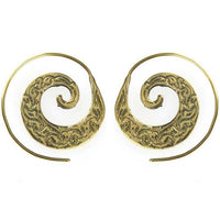 Load image into Gallery viewer, Spiralen Ohrringe oxidiert Blätter breit Messing Brass antik golden nickelfrei Piercing Tribal
