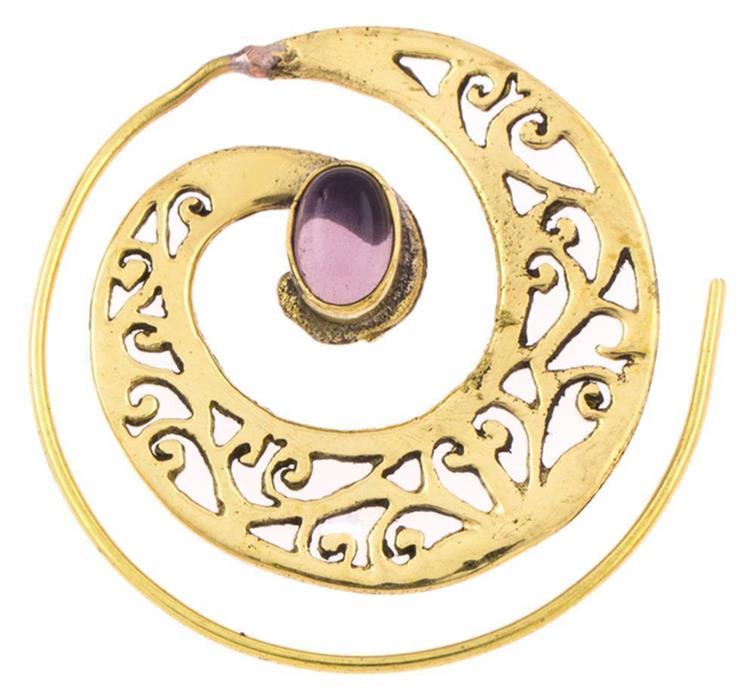 Spiralen Ohrringe breit gestanzt Amethyst oval Messing antik golden Piercing Tribal